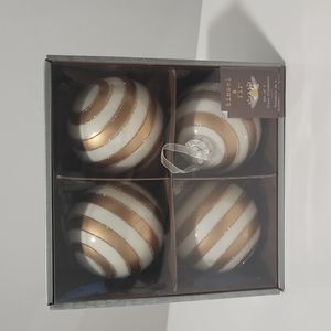 Tinsel & Fir 4pack 4inches Stripe Glass Ornament Set White, Gold, and Bronze